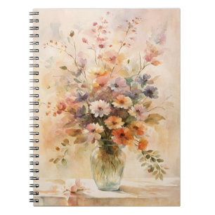 Caderno Espiral Vintage parece flores aquarelas no vaso de vidro