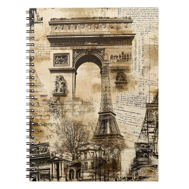 Caderno Espiral Vintage Paris Pattern – Eiffel Tower Landmarks (Frente)
