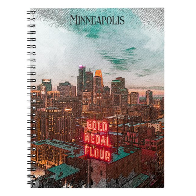 Caderno Espiral Vintage Retro Minneapolis Minnesota Viagem Skyline (Frente)