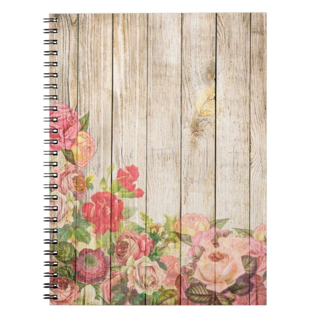 Caderno Espiral Vintage Rosas Rústicos Românticos Madeira (Frente)