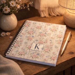 Caderno Espiral Vintage Rústico Charme Desgastado Floral em Madeir