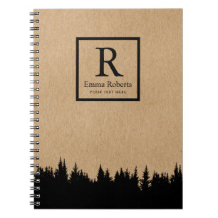 Caderno Espiral Vintage rústico Kraft do monograma da floresta do