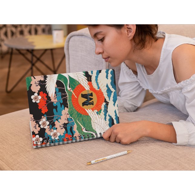 Caderno Espiral Vintage Sakura Japonesa e Gruas Vermelhas Crowadas (Criador carregado)