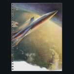 Caderno Espiral Vintage Science Ficeship Airplane Earth<br><div class="desc">Imagem de vintage: viagem de ficção científica futurista e imagem de transporte. Uma nave espacial que se parece com um avião moderno (semelhante ao ônibus espacial) decolando da Flórida sobre o oceano Atlântico e a Terra do planeta. Voando para o céu e para a atmosfera superior. Um clássico design de...</div>