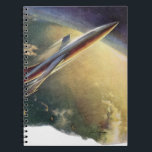 Caderno Espiral Vintage Science Ficeship Airplane Earth<br><div class="desc">Imagem de vintage: viagem de ficção científica futurista e imagem de transporte. Uma nave espacial que se parece com um avião moderno (semelhante ao ônibus espacial) decolando da Flórida sobre o oceano Atlântico e a Terra do planeta. Voando para o céu e para a atmosfera superior. Um clássico design de...</div>