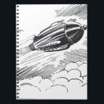 Caderno Espiral Vintage Science Ficeship Rocket in Clouds<br><div class="desc">Ilustração da Vintage: imagem do transporte vitoriano de ficção científica em preto e branco. Uma nave espacial voando pelas nuvens no céu. Um clássico design de ficção científica de quadrinhos retrógrados do 50 do futuro.</div>