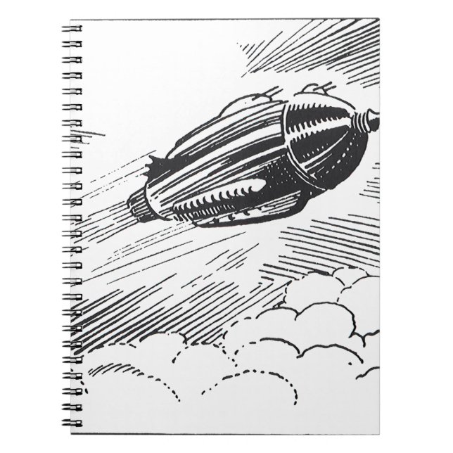 Caderno Espiral Vintage Science Ficeship Rocket in Clouds (Frente)