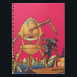 Caderno Espiral Vintage Science Ficting Alienígena Robô Captura Ho<br><div class="desc">Imagem de Vintage: aliens futuristas de ficção científica e robôs. Um clássico design de ficção científica retrógrada do futuro,  com um robô em forma de ovo segurando um homem em suas garras. Os caracteres pop num fundo rosa claro.</div>