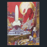 Caderno Espiral Vintage Science Fiction, a Cidade Perdida de Atlan<br><div class="desc">Vintage ilustration science fiction image apresenta mulheres alienígenas olhando para uma cidade futurista com uma fonte de água no centro, aliens com lagartos para animais de estimação, arquitetura grega ou romana e uma lua enorme ao fundo. Pode ser a cidade perdida de Atlantis! Uma cena de ficção científica retrógrada do...</div>