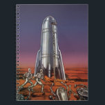 Caderno Espiral Vintage Science Fiction, Astronautas Beetle Aliens<br><div class="desc">Imagem de vintage: viagem de ficção científica futurista e imagem de foguete de transporte. Astronautas correndo até seu foguete escapando de aliens em forma de besouro em um planeta estrangeiro tentando voltar para a terra. Um clássico design de ficção científica de quadrinhos retrógrados do 50 do futuro.</div>