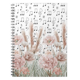 Caderno Espiral Vintage Sheet Music with Pink Peony Wilflower