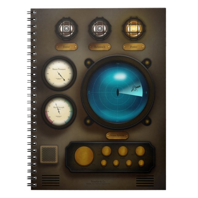 Caderno Espiral Vintage Ship Control Panel Sonar Steampunk Grunge (Frente)