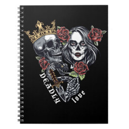 Caderno Espiral Vintage Skull e rosas, Amor Mortal,