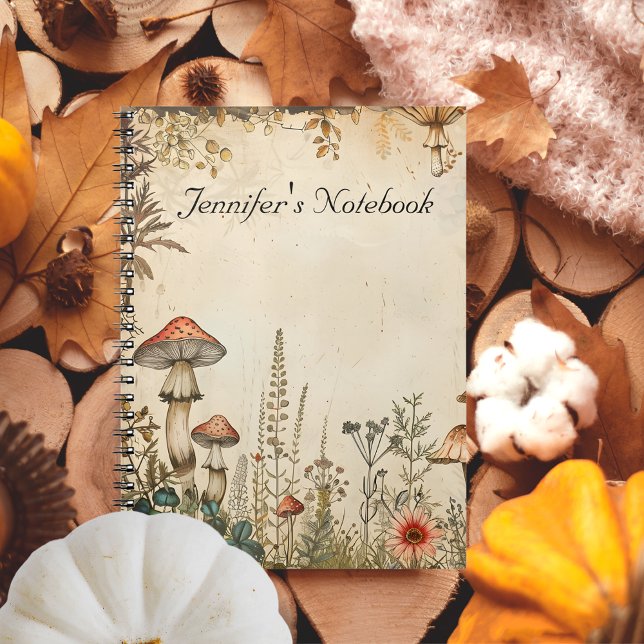Caderno Espiral Vintage soft Brown Autumn tema Cogumelos (Vintage soft Brown Autumn theme Mushrooms custom Notebook)