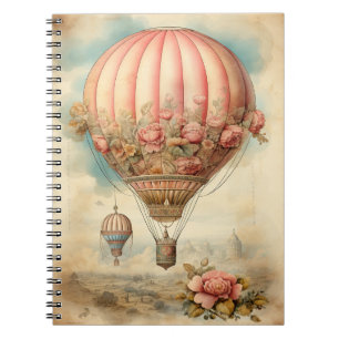 Caderno Espiral Vintage Steampunk Pink Floral Hot Air Balloon