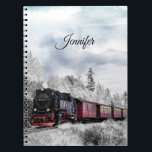 Caderno Espiral Vintage Train Winter Christmas Cena<br><div class="desc">Um caderno personalizado com uma fotografia cênica de uma paisagem de inverno gelada com pinheiros cobertos de neve. Um trem vermelho,  dourado e preto à moda antiga,  viajando pela natureza selvagem.</div>
