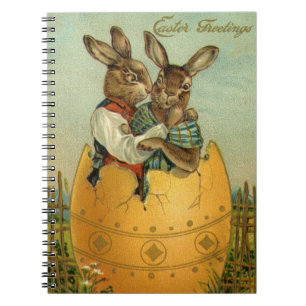 Caderno Espiral Vintage Victorian Easter Bunnies em um Ovo Dourado