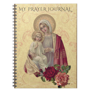 Caderno Espiral Vintage Virgem Abençoada Mary Baby Jesus Floral
