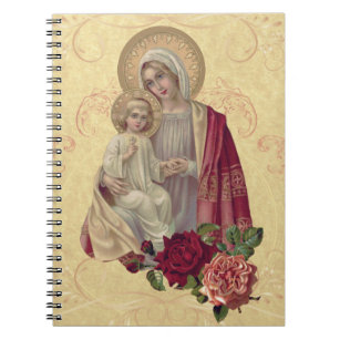 Caderno Espiral Vintage Virgem Abençoada Mary Baby Jesus Nota Flor