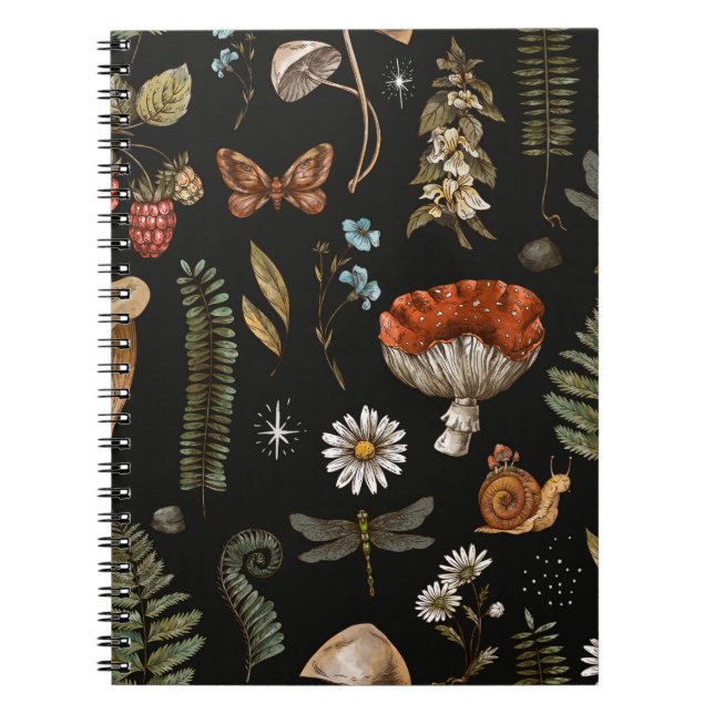Caderno Espiral Vintage Woodland Natureza sem costura. Amanita (Frente)