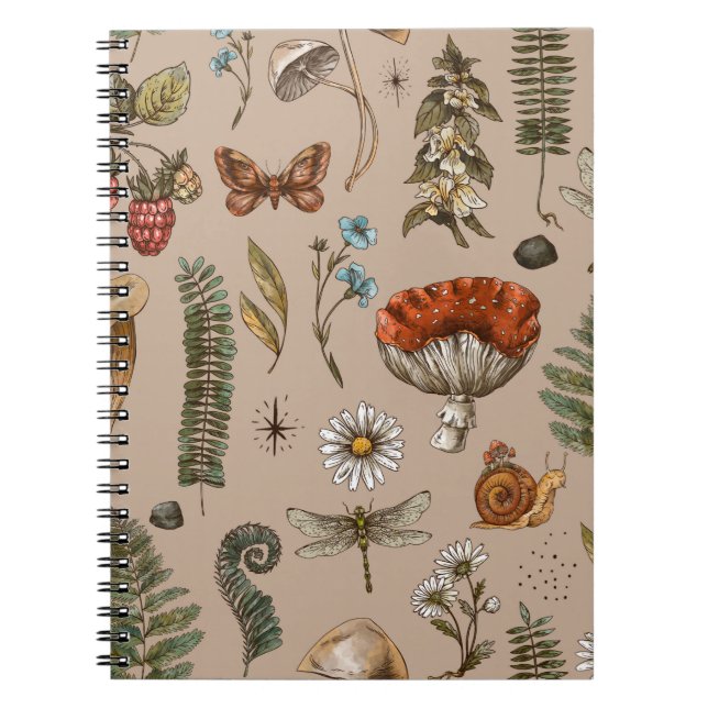 Caderno Espiral Vintage Woodland Natureza sem costura. Amanita (Frente)