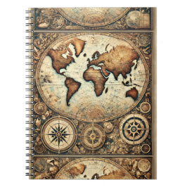 Caderno Espiral Vintage World Map – Antique Explorer Navigation