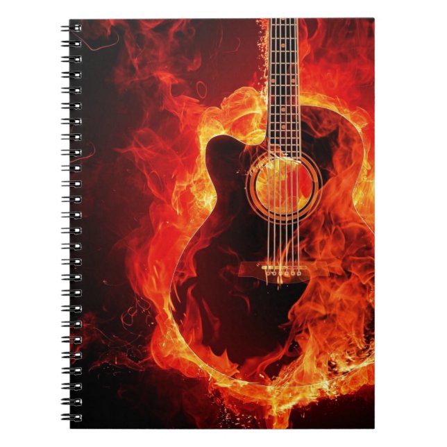 Caderno Espiral Violão em chamas laranja Banda de rock (Frente)
