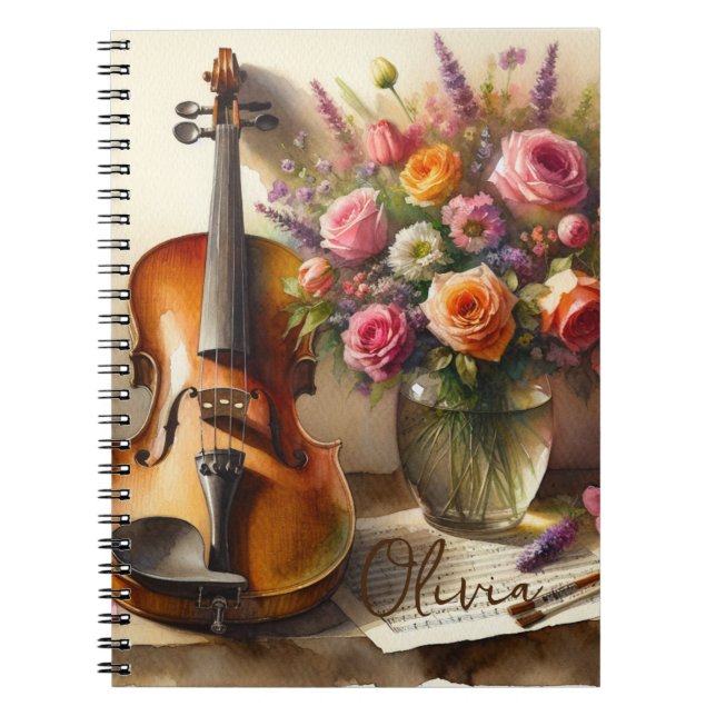 Caderno Espiral Violino, Música Folha e Vaso de Flores (Frente)