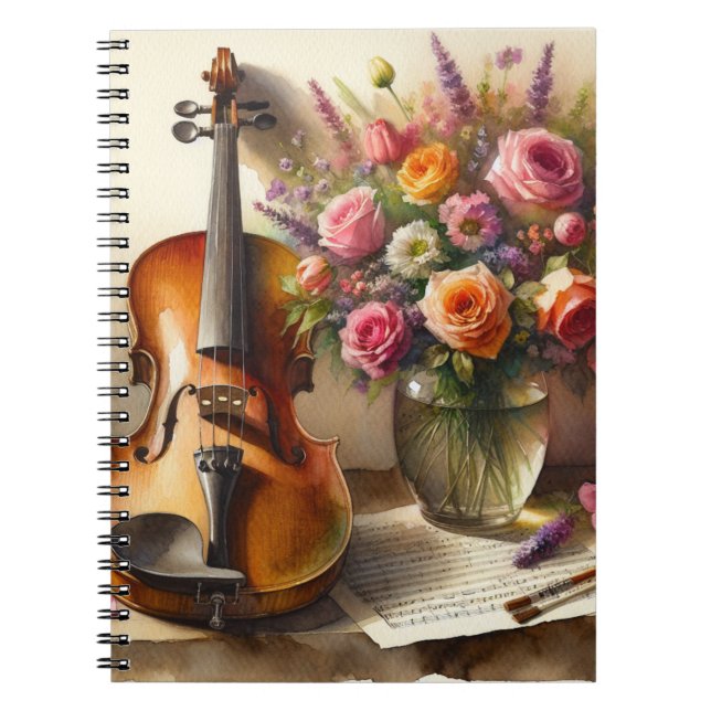 Caderno Espiral Violino, Música Folha e Vaso de Flores (Frente)