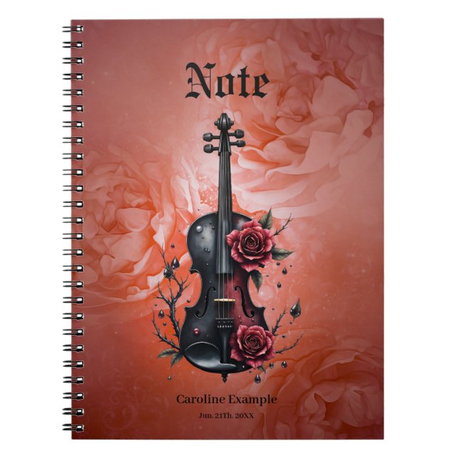 Caderno Espiral Violino preto gótico com rosas vermelhas (Frente)