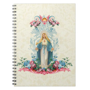 Caderno Espiral Virgem Católica Religiosa Mary Vintage Floral