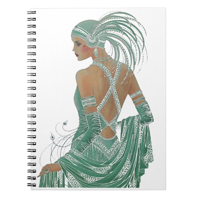 Caderno Espiral Vislumbre da Elegância: Design verde de vestidos s (Frente)