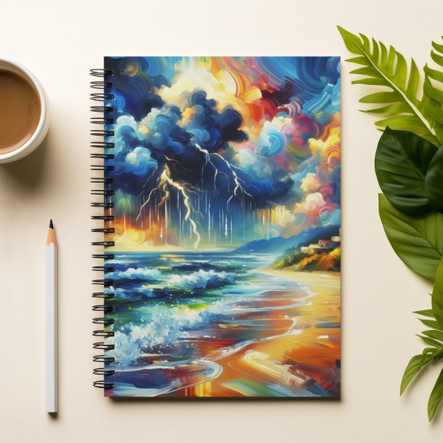 Caderno Espiral Vivid Stormy Beach Painting Notebook (Criador carregado)