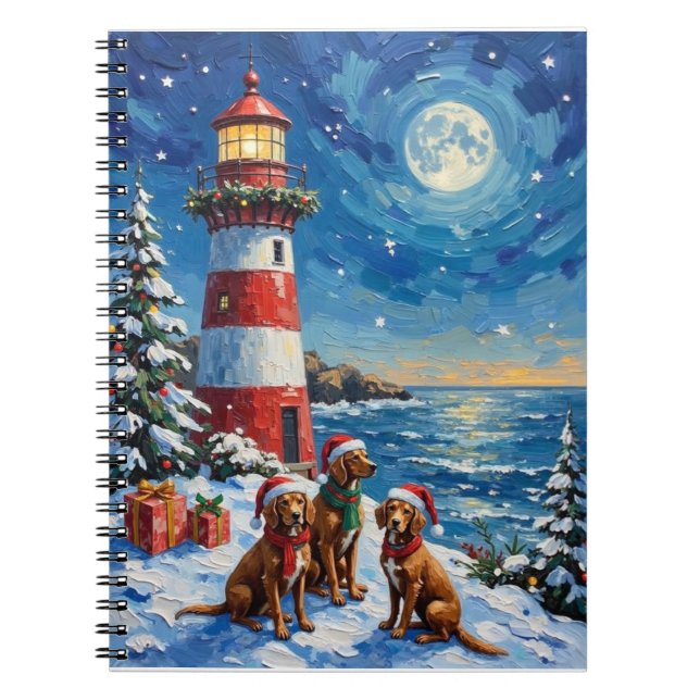 Caderno Espiral Vizsla Christmas Lighthouse Holiday (Frente)
