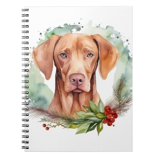 Caderno Espiral Vizsla Christmas Wreath Festivo Pup (Frente)
