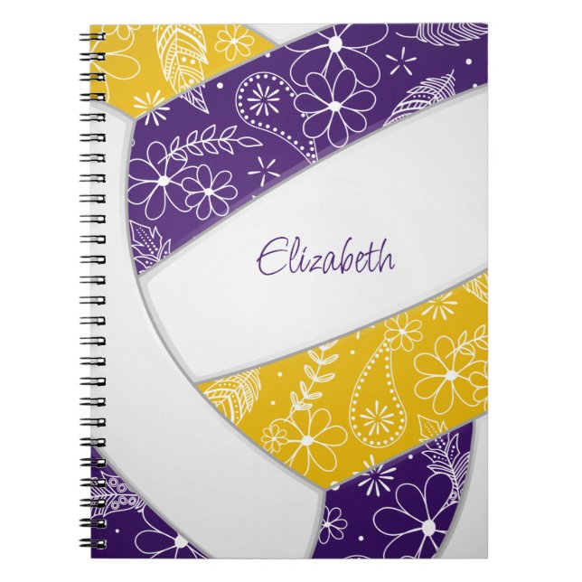 Caderno Espiral vôlei floral de ouro roxo (Frente)