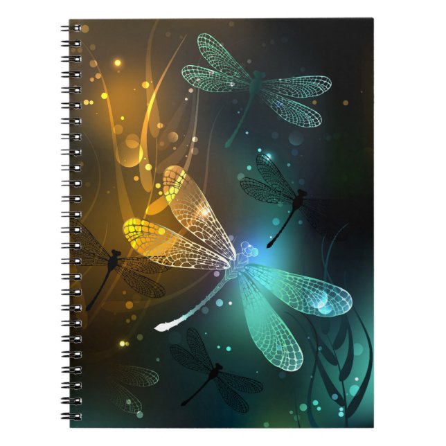 Caderno Espiral Voo luminoso verde de libélula (Frente)
