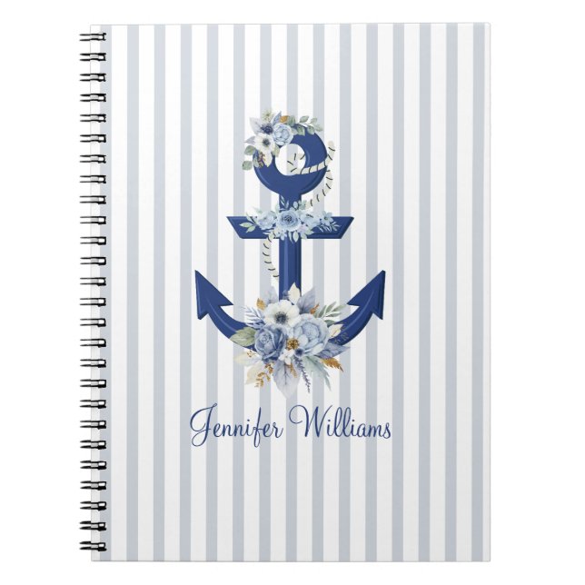 Caderno Espiral watercolor floral blue nautical stripes name  (Frente)