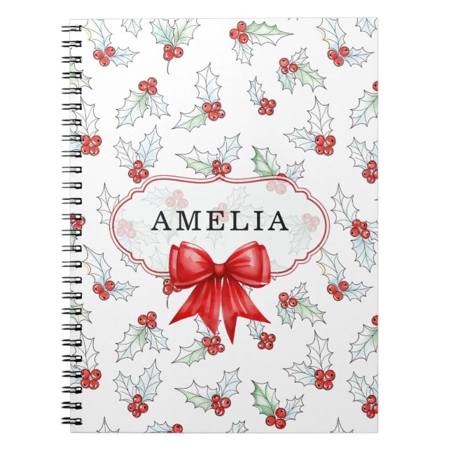 Caderno Espiral Watercolor Holly Berries  Red Ribbon Custom Name (Frente)