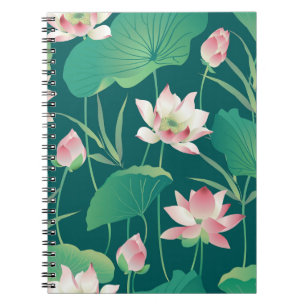 Caderno Espiral Watercolor lotus: flores sem costura vindimas.