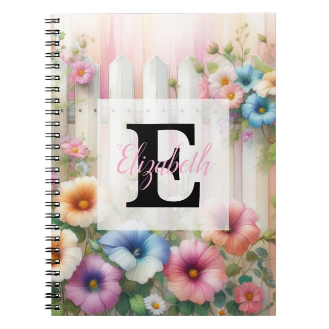 Caderno Espiral Watercolor monogram pastels flowers on white wood (Frente)