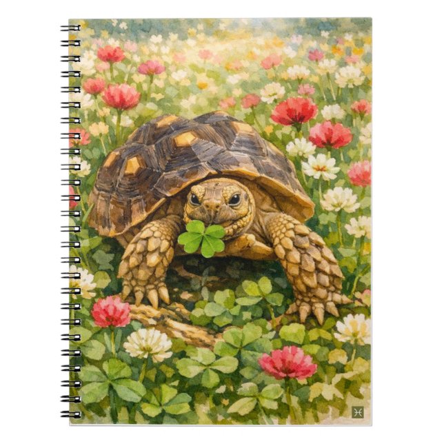Caderno Espiral Watercolor Sulcata Tortoise with lucky clover (Frente)