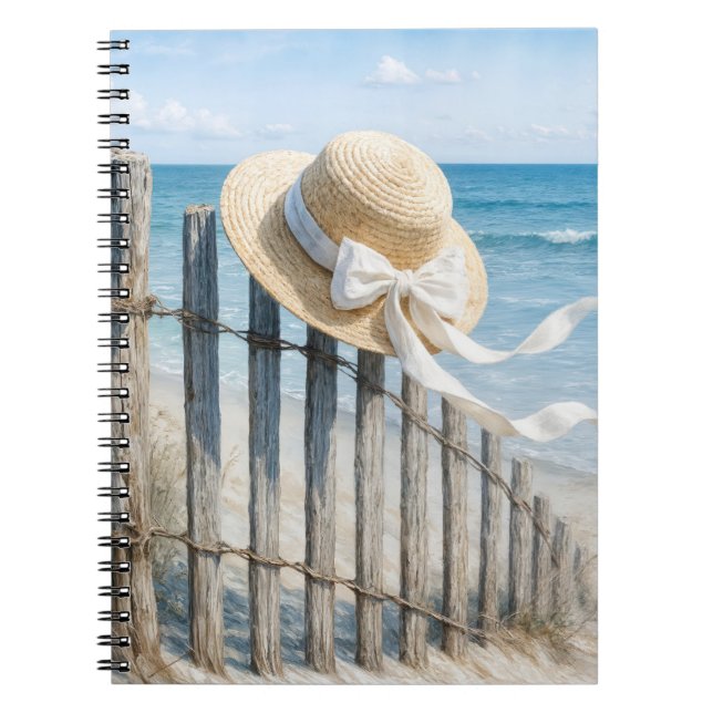 Caderno Espiral Watercolor Summer Hat on a Fence Post (Frente)