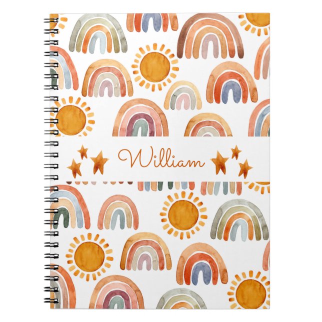 Caderno Espiral Watercolor Terne Modern Boho Nome Arco-Íris (Frente)