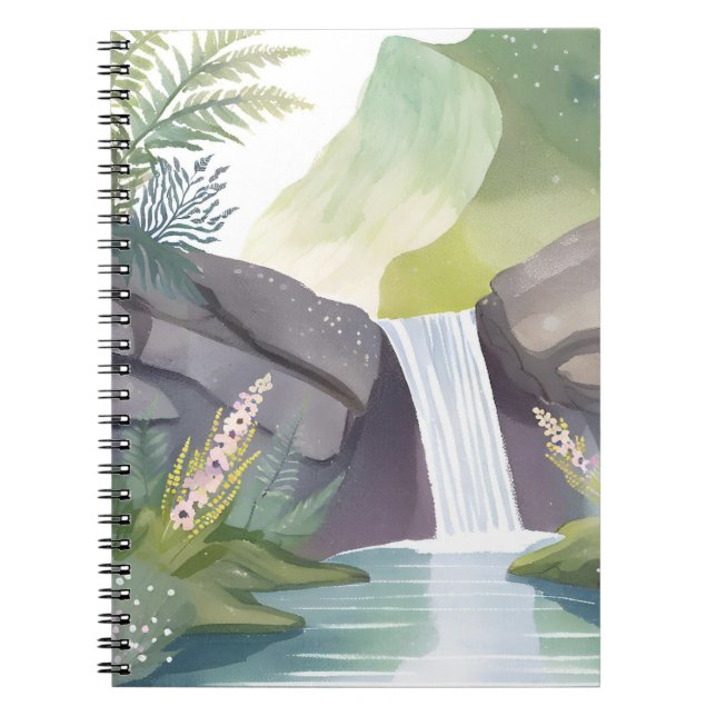 Caderno Espiral Waterfall Whisper | Nature Watercolor Landscape (Frente)