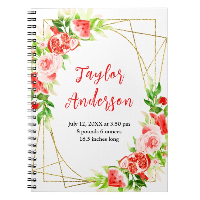 Caderno Espiral Watermelon and Pomegranate Baby Birth Stats (Frente)