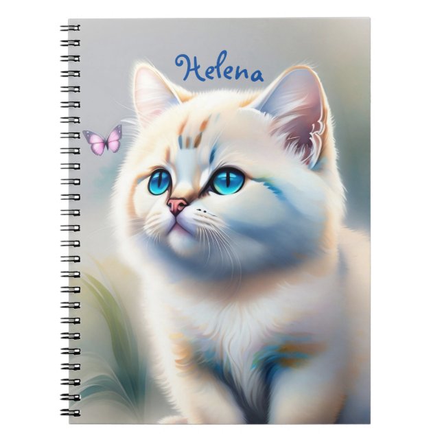 Caderno Espiral weiße Katze mit blauen Augen Wasserfarbenbild (Frente)