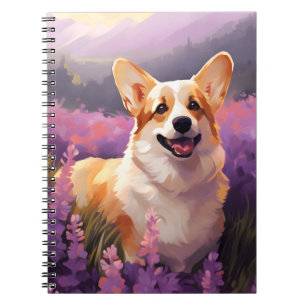 Caderno Espiral Welsh Corgi no campo da Lavanda