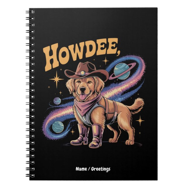 Caderno Espiral Western Golden Retriever Funny Cowboy Space Dog  (Frente)
