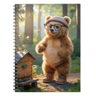 Caderno Espiral Whimsical Bear Beekeeper in a Sunny Forest